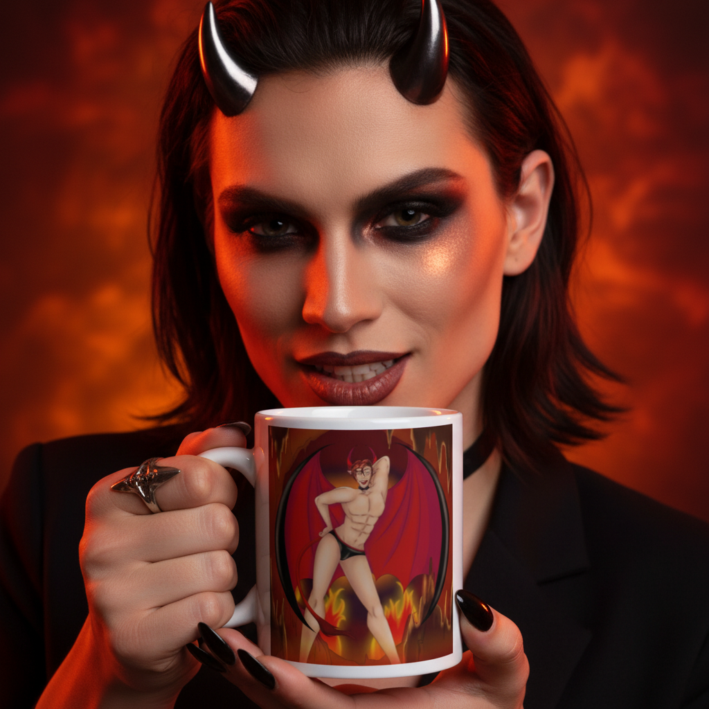 Horned person holding a mug showing a scantily clad devil-like figure in flames