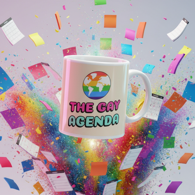The Gay Agenda Mug floats amidst colorful bursts and confetti, featuring a vibrant LGBTQ+ world map icon and playful lettering, embodying joyful queer pride and self-expression. Perfect for celebrating with coffee or tea.