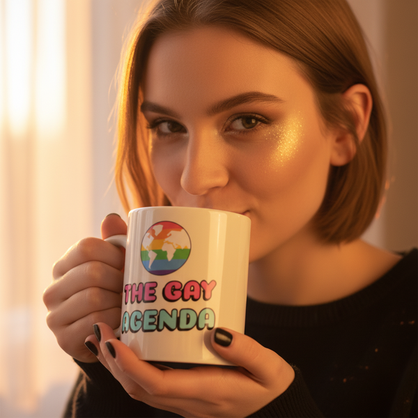 Young person sipping from The Gay Agenda Mug, featuring a rainbow globe and playful text. The scene radiates cozy, prideful energy, celebrating LGBTQIA+ visibility and self-expression with a warm, golden-hour glow.
