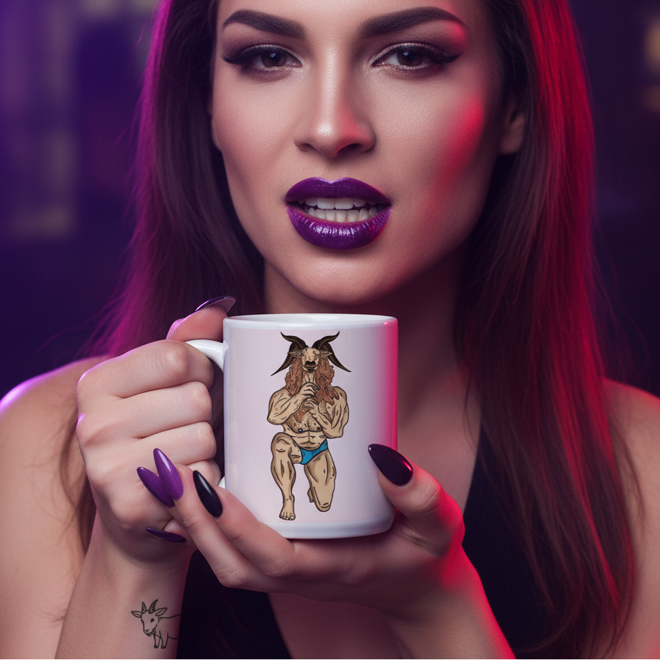 Young woman with purple lipstick and nails holds the Throat Goat Mug, featuring a cartoon muscular goat in blue briefs. Celebrate pride and self-expression with this bold, queer-themed ceramic mug.