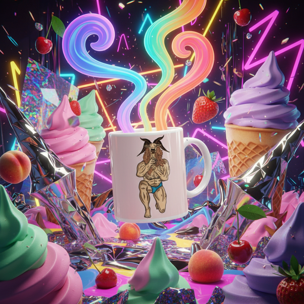 Throat Goat Mug featuring a surreal, muscular goat-headed figure in blue briefs. Surrounded by pastel ice cream, fruit, and neon shapes, embodying queer pride and vibrant self-expression from Queer In The World.