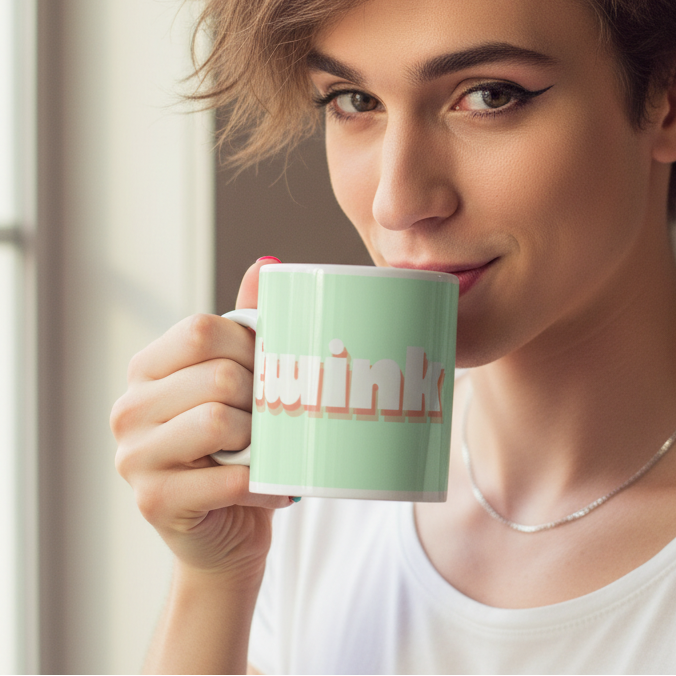 Young person with wavy hair and winged eyeliner sips from a pastel green Twink Mug featuring soft pink-and-white lettering, embodying queer pride and self-expression with a simple, empowering design.
