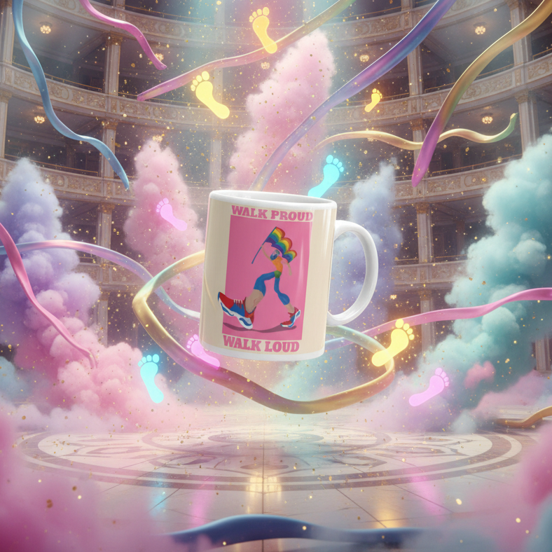 Walk Proud Walk Loud Mug featuring vibrant rainbow graphics of a confident figure with a flag, framed by whimsical pastel clouds and streamers, symbolizing joyful LGBTQIA+ pride and empowerment.