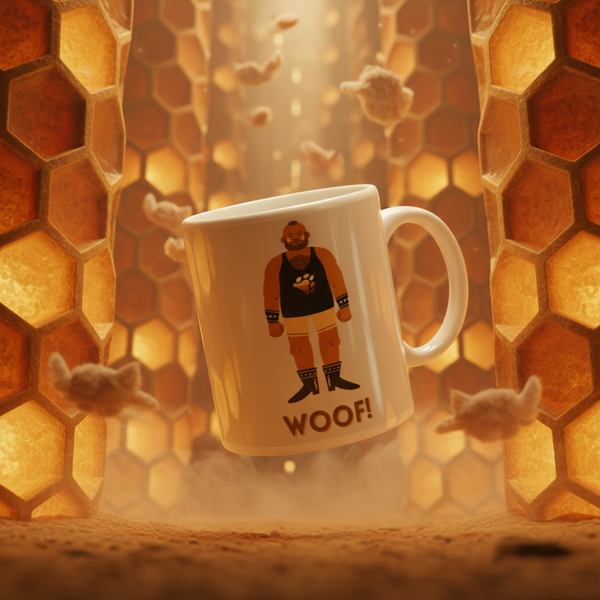 The Woof! Gay Bear Mug features a bold leather-clad figure with WOOF! text, embodying prideful self-expression, set against a warm, honeycomb backdrop with floating cotton tufts.