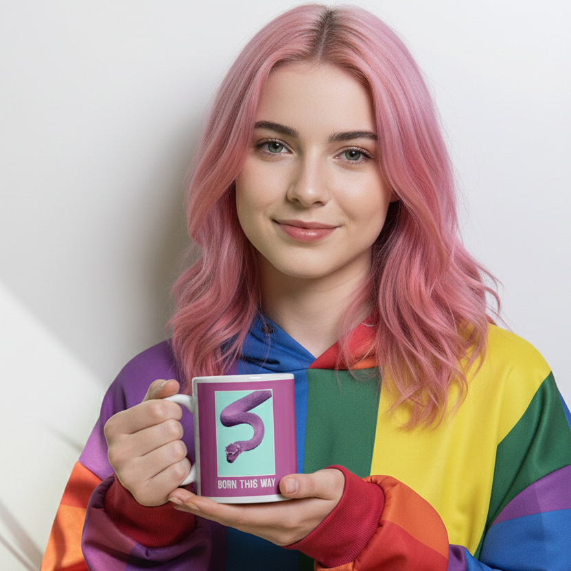 Pink-haired person holds a purple mug marked “BORN THIS WAY” with a stylized S.