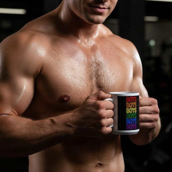 Black mug with rainbow rows of “BOYS” held by a shirtless person