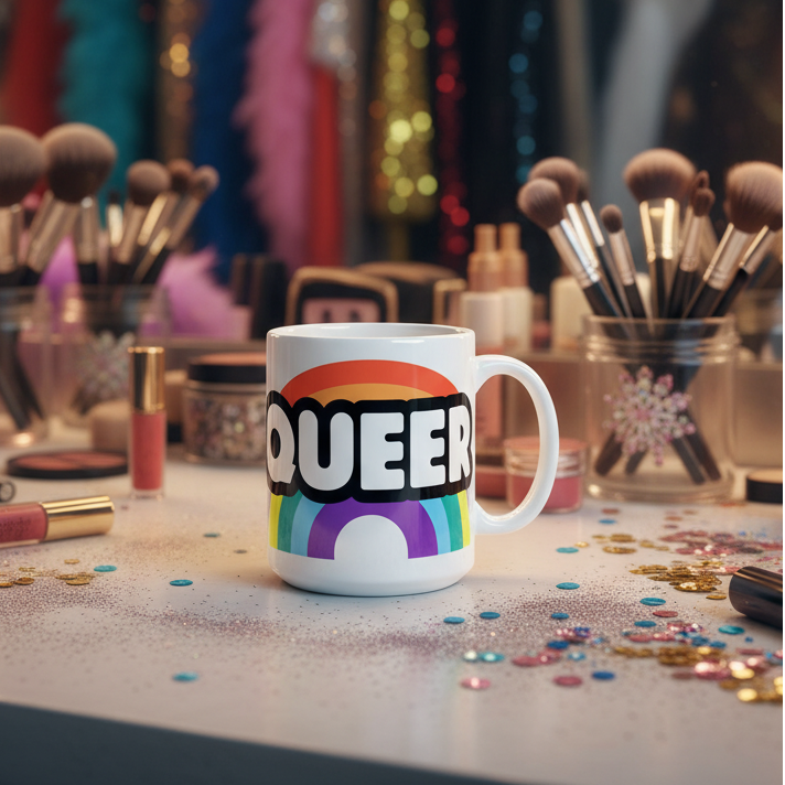 White mug with “QUEER” lettering and rainbow design on a makeup table