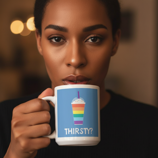 Close-up of a person holding a white mug with a rainbow drink graphic and “THIRSTY?” text