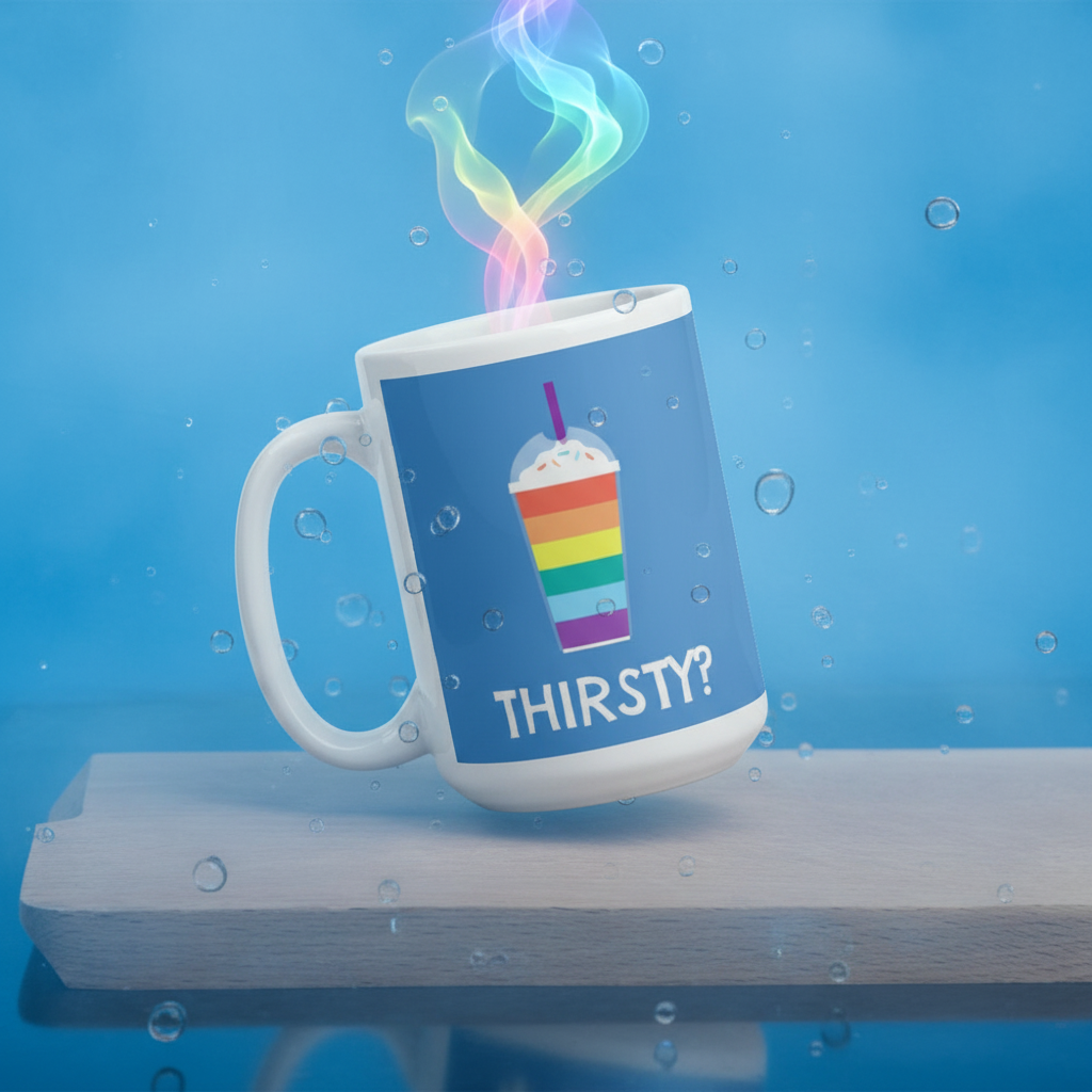 Rainbow-striped cake illustration and “THIRSTY?” text on a blue ceramic mug