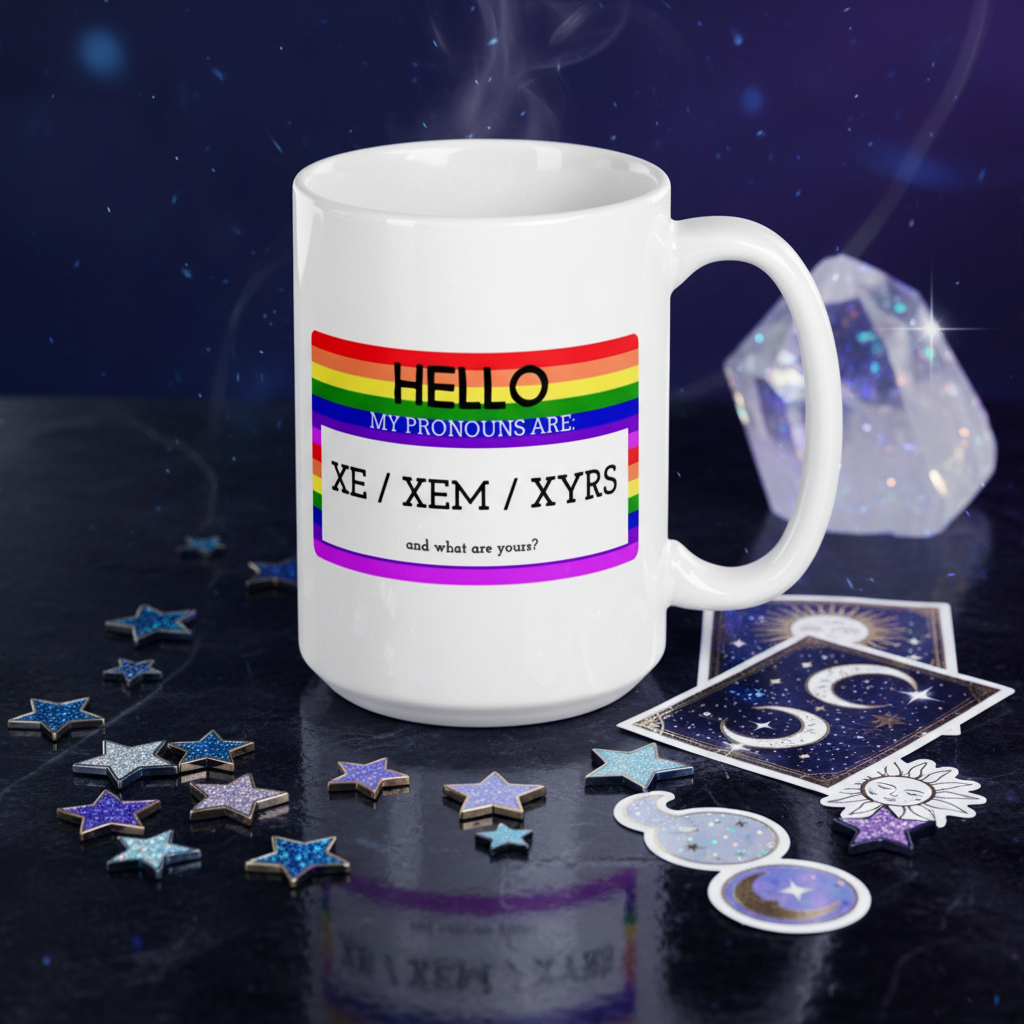 Hello My Pronouns Are Xe / Xem / Xyrs Mug resting on a reflective surface with glittery stars, tarot cards, and crystal, exuding a whimsical, queer pride vibe with steam rising.