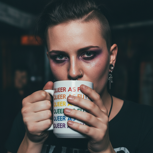 Queer As F#CK mug held by a person, with repeated rainbow-colored slogan text