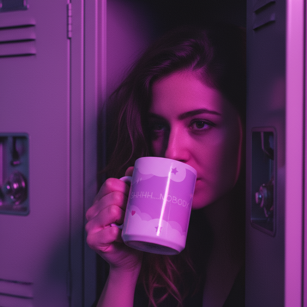 A young woman peeks from a metal locker, holding the SHHHH. Nobody Knows I'm Gay mug adorned with clouds and stars, symbolizing pride and self-expression.