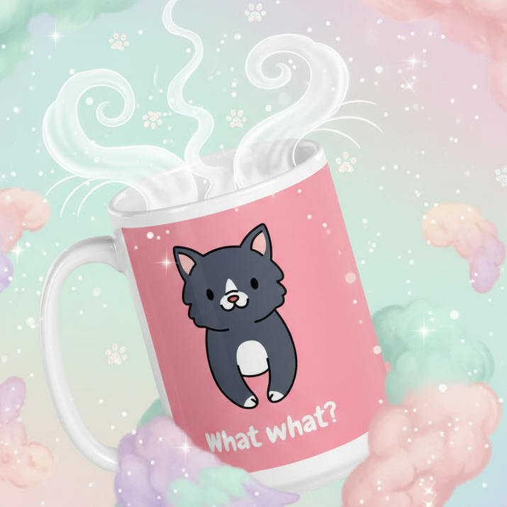 Pink cat mug with a black cartoon cat and “What what?” text, surrounded by pastel clouds