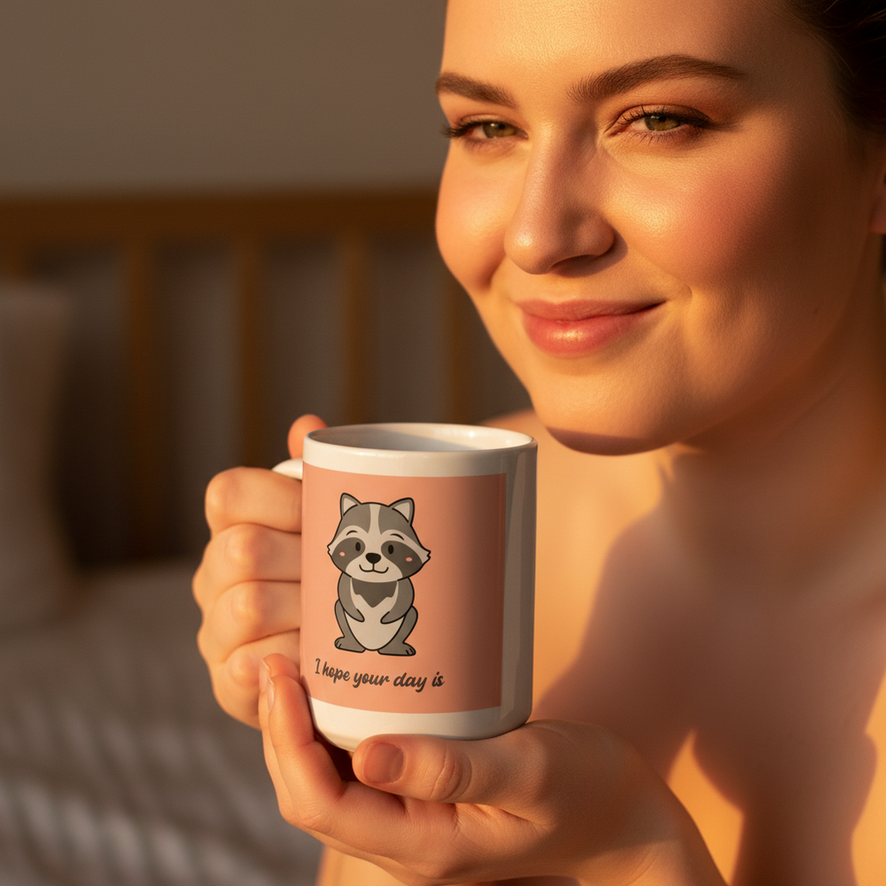 Person holding white ceramic mug; cheeky mug with “I Hope Your Day Is As Nice As Your Butt!” design