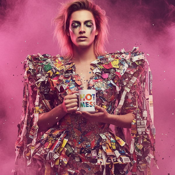 Person in a colorful collage-textured outfit holding a white “HOT MESS” mug