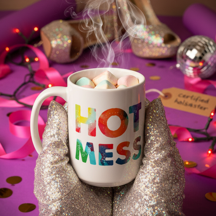 Hot Mess Mug in bold rainbow letters, filled with pastel marshmallows, held by glitter-gloved hands. Surrounded by disco ball, glittery heels, and party decor, capturing joyful, queer celebration.