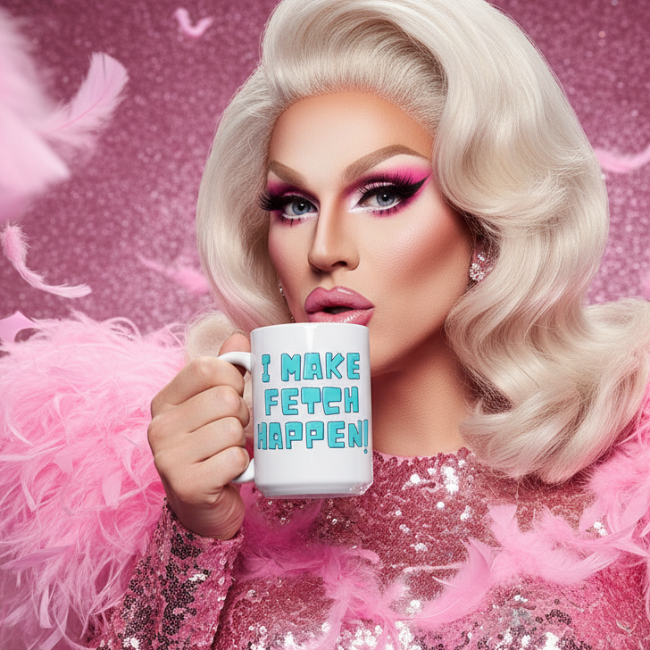Drag performer with platinum waves holds the I Make Fetch Happen! Mug, showcasing bold blue lettering. Their glittery pink outfit and makeup embody Queer In The World's vibrant, empowering LGBTQIA+ pride.