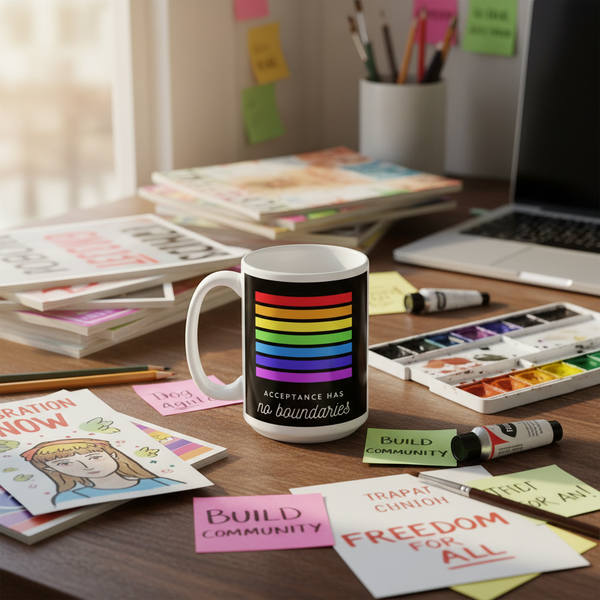 Acceptance Has No Boundaries Mug with rainbow stripes sits on a vibrant artist's desk filled with creative tools, embodying pride and inclusivity. Ideal for celebrating LGBTQIA+ identity and empowerment.