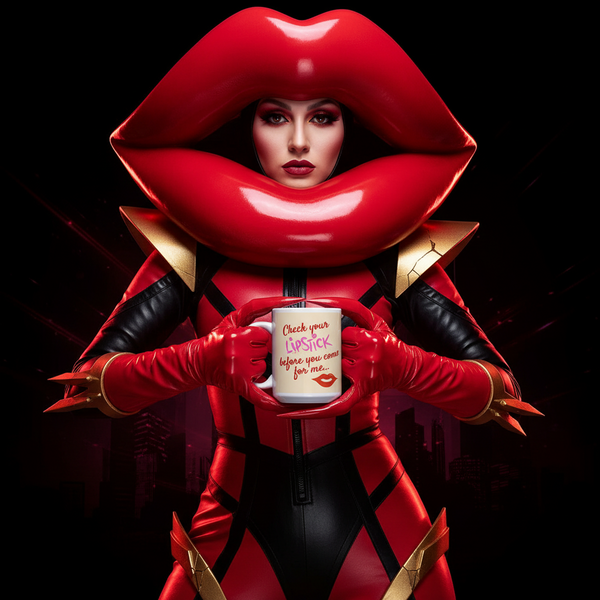 A vibrant figure in a red-and-black bodysuit holds the Check Your Lipstick Mug, featuring a playful slogan, amid a moody cityscape backdrop. Celebrating bold queer pride and self-expression.