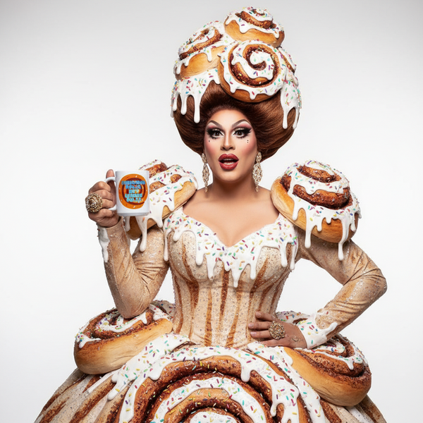 Drag performer in a cinnamon roll couture look holds a Cinnamon Rolls Not Gender Roles mug, adorned with cinnamon roll motifs, embodying Queer In The World's prideful, vivid self-expression.