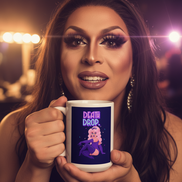 A drag performer presents the Death Drop Mug featuring a vibrant illustration of a pink-haired figure in a dramatic pose, embodying bold queer pride and self-expression.