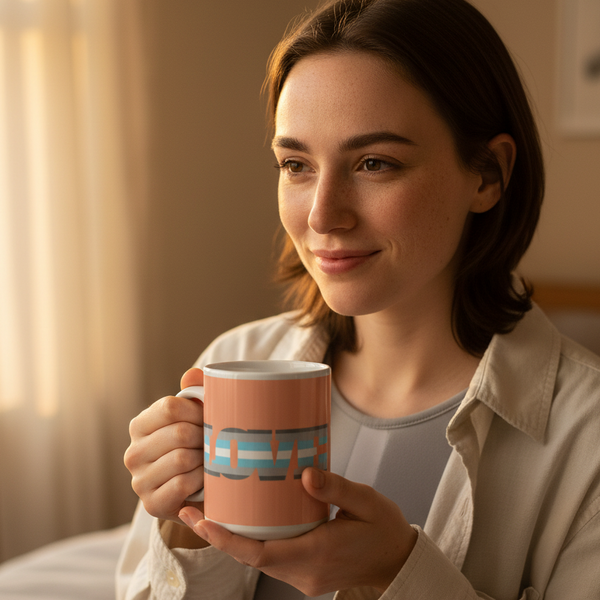 Young woman holding a Demiboy Love Mug, featuring LOVE print, enjoying a cozy moment. This ceramic mug embodies queer pride, perfect for coffee or tea, celebrating self-expression from Queer In The World.