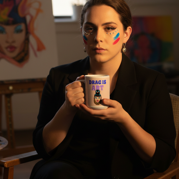 Person in a creative studio holding the Drag Is Art Mug, featuring bold text and a stylized drag-queen illustration. The mug embodies queer pride, perfect for empowering expressions and vibrant self-identity.
