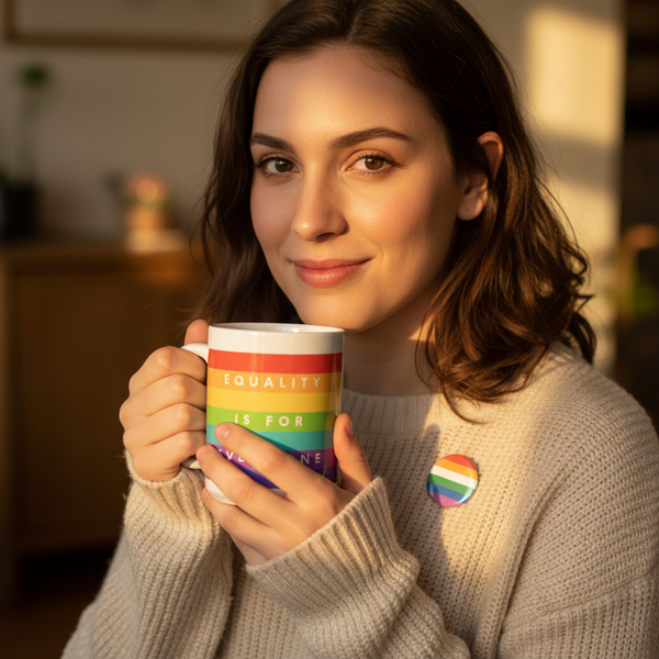 A young person holds the Equality Is For Everyone mug, adorned with vibrant rainbow stripes, embodying LGBTQIA+ pride and empowerment. The mug is sturdy, glossy, and perfect for self-expression.
