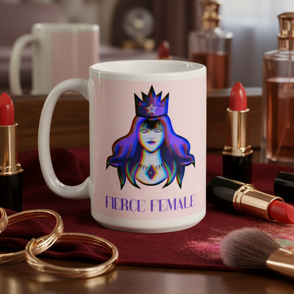 Fierce Female Mug with rainbow-hued crowned woman illustration and FIERCE FEMALE text, surrounded by lipsticks, a makeup brush, and gold bracelets on a vanity, celebrating queer pride and empowerment.