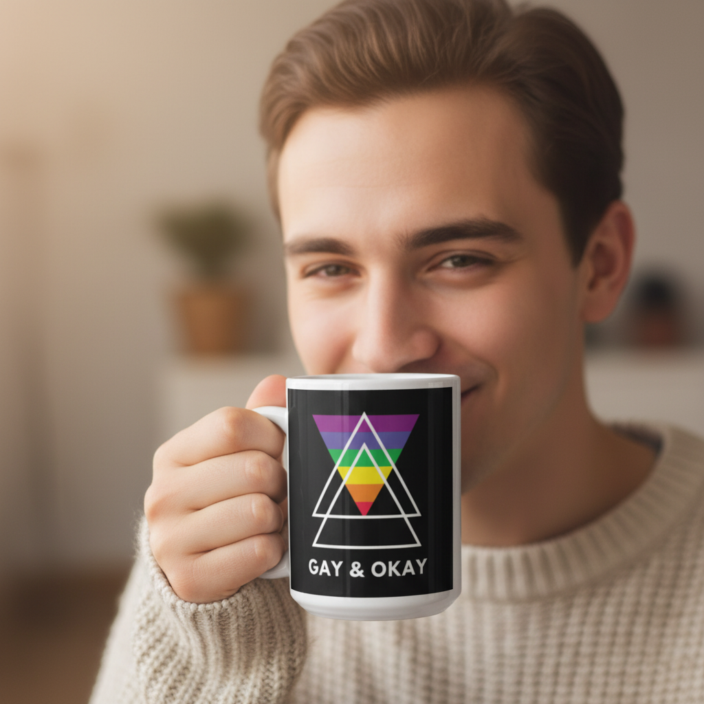 Young person enjoying a drink from the Gay & Ok Mug, featuring a rainbow triangle and GAY & OKAY text. This ceramic mug celebrates LGBTQIA+ pride with style and durability for everyday use.