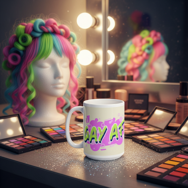 Gay AF Mug on a makeup-artist’s vanity table, surrounded by vibrant cosmetics and a pastel rainbow wig. The mug celebrates LGBTQIA+ pride with neon-style lettering, embodying bold self-expression and queer empowerment.