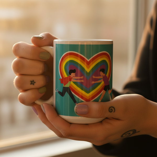 Hands hold the Gay Couple Mug featuring a rainbow heart with two cartoon figures about to embrace, embodying LGBTQIA+ pride. Perfect for expressing queer identity with every sip.