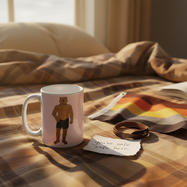 Gay Cub Mug featuring a muscular, cartoon bear in black briefs sits on a cozy plaid bed. Beside it, a bear pride flag, leather collar, and you’re safe here note create a welcoming, queer ambiance.
