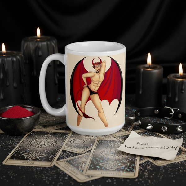 Gay Devil Mug featuring a playful, shirtless, horned demon. Surrounded by lit black candles, red powder, tarot cards, and a studded collar, embodying a bold, gothic-queer aesthetic. Perfect for expressing pride and self-identity.