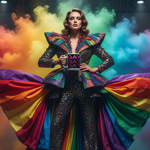 Model in a jewel-encrusted suit and rainbow cape holds the Gay Gay Gay Mug, featuring bold neon lettering. A vivid symbol of pride, perfect for celebrating LGBTQIA+ identity with every sip.