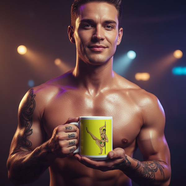 Shirtless, tattooed man holds the Gay Gogo Dancer Mug, featuring a vivid pole-dancing illustration. The mug embodies bold LGBTQIA+ pride with its durable, dishwasher-safe design from Queer In The World.