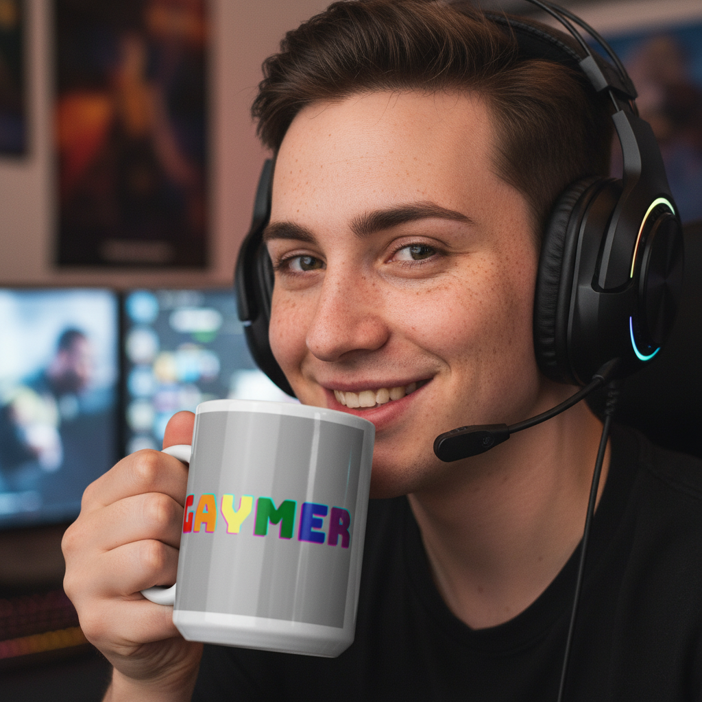 A young person joyfully showcases the Gaymer Mug at a gaming setup, highlighting its bold rainbow lettering. This sturdy, glossy ceramic mug celebrates LGBTQIA+ pride, perfect for expressing queer, inclusive self-expression.