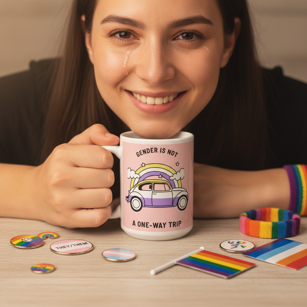 Gender Is Not A One-way Trip Mug in hand, surrounded by LGBTQ+ pride items like flags and pins. A joyful scene embodying empowerment and gender diversity, perfect for expressing your true self boldly and proudly.