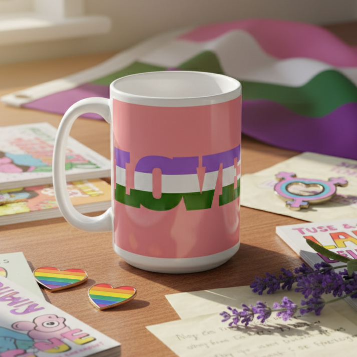 Pink ceramic mug with purple, white, and green LOVE lettering on a tabletop