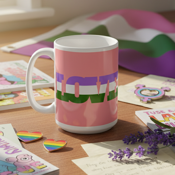Genderqueer Love Mug featuring lavender-white-green LOVE design on a sturdy, glossy ceramic. Surrounded by queer-themed items, this mug celebrates pride and self-expression. Perfect for coffee or wine. Dishwasher and microwave safe.