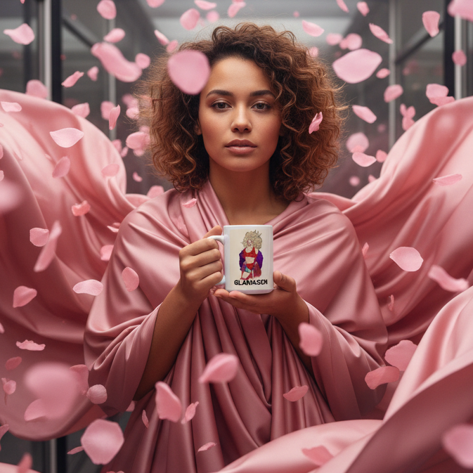 Young woman with curly hair cradles a Glamazon mug featuring a regal, crowned figure. Surrounded by rose petals, she embodies serene, joyful queer pride, celebrating empowerment and self-expression.