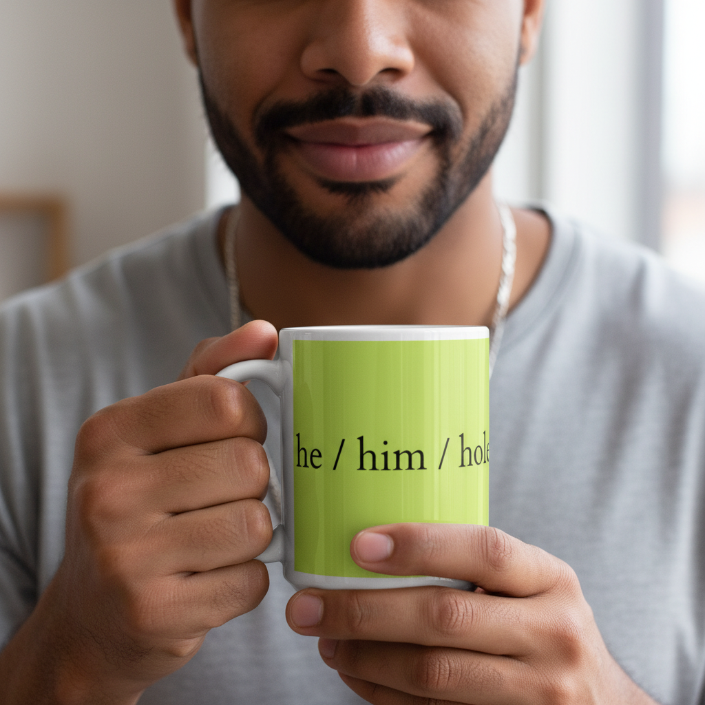 A man holds the He / Him / Hole Mug, a light-green, ceramic mug printed with pronouns. Celebrating queer pride, this sturdy, glossy mug is dishwasher and microwave safe, perfect for any empowering moment.