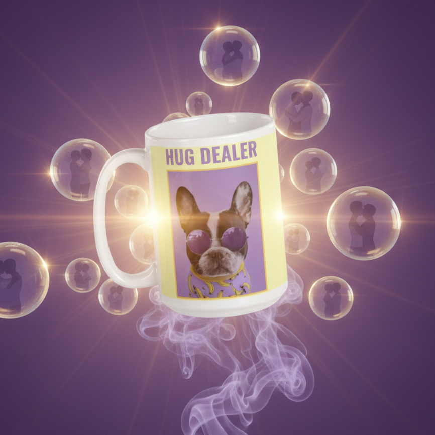 Hug Dealer Mug featuring a French bulldog in sunglasses, exuding playful, bold queer energy. Surreal design with embracing silhouettes in bubbles, perfect for expressing LGBTQIA+ pride and self-expression.