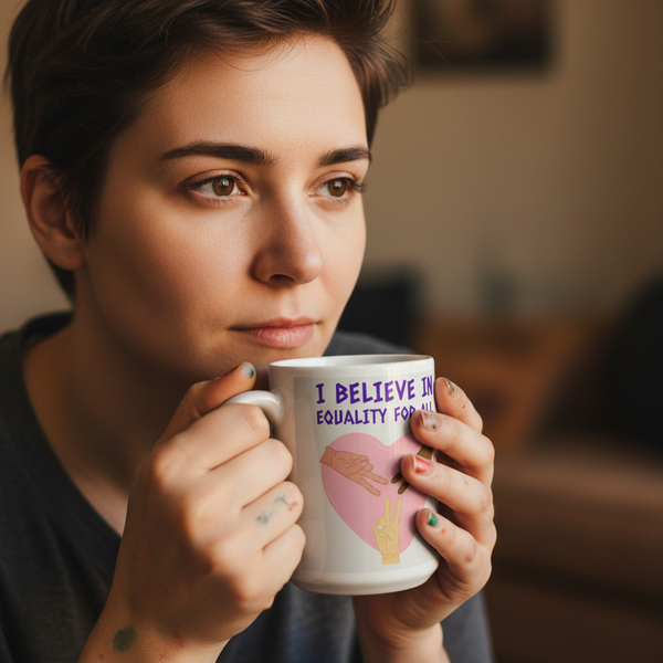 A person holds an I Believe In Equality For All mug, featuring a pink heart and peace-sign gestures. Perfect for expressing LGBTQIA+ pride, this sturdy and glossy mug symbolizes empowerment and inclusivity.