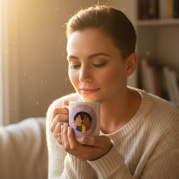 Person savoring warmth from I Choose Love Mug, featuring a vibrant design celebrating LGBTQIA+ pride. Perfect for showcasing identity with empowering, inclusive messaging. Ideal for daily use, dishwasher and microwave safe.