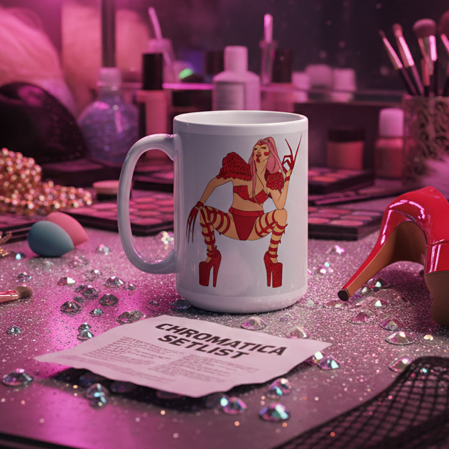 Lady Gaga Chromatica Mug featuring a bold performer illustration surrounded by makeup items, pearls, and rhinestones on a glittery vanity, capturing vibrant queer pride and glam self-expression.