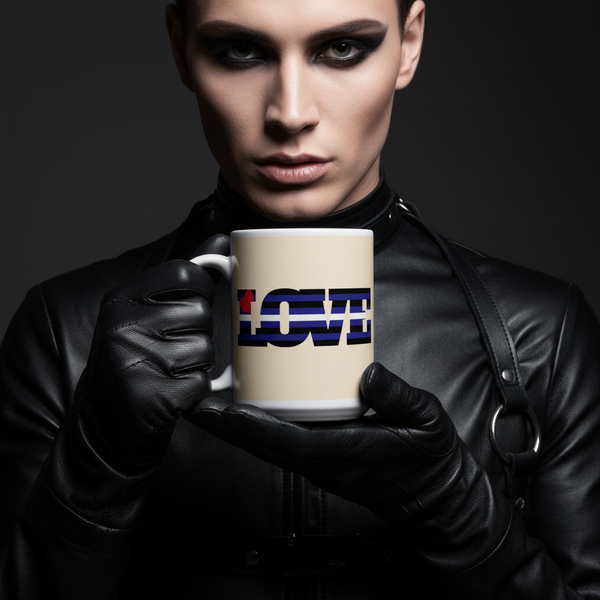 Androgynous person in black leather holds a Leather Pride Love Mug with bold LOVE text, featuring dark blue stripes and a red heart, embodying queer pride and self-expression.
