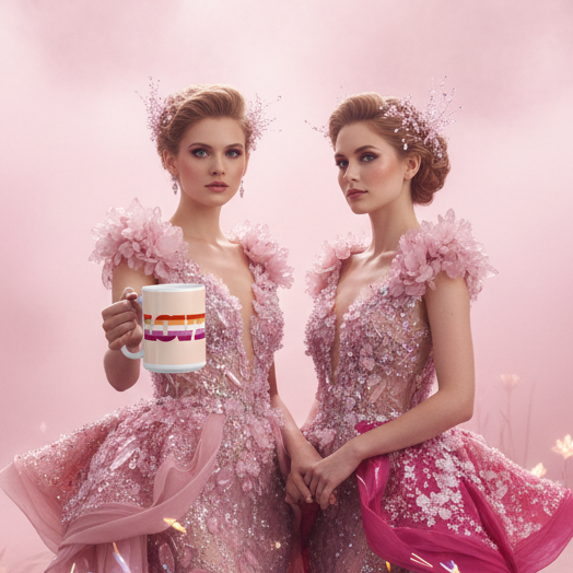Lesbian Love Mug held by a woman in a pastel-pink gown, showcasing a colorful stripe design symbolizing LGBTQIA+ pride. Stylish and sturdy, perfect for expressing queer joy and visibility.