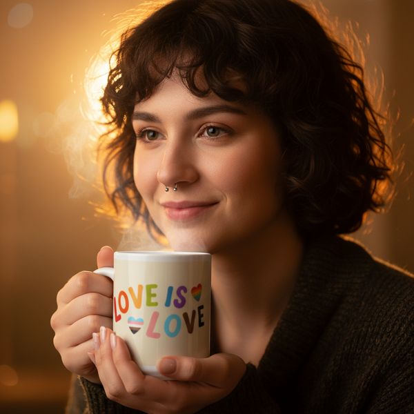 Young person with short curly hair smiles while holding a steaming Love Is Love LGBTQ Mug, adorned with rainbow and trans-flag hearts, embodying queer pride and self-expression. Thriving in empowerment and visibility.