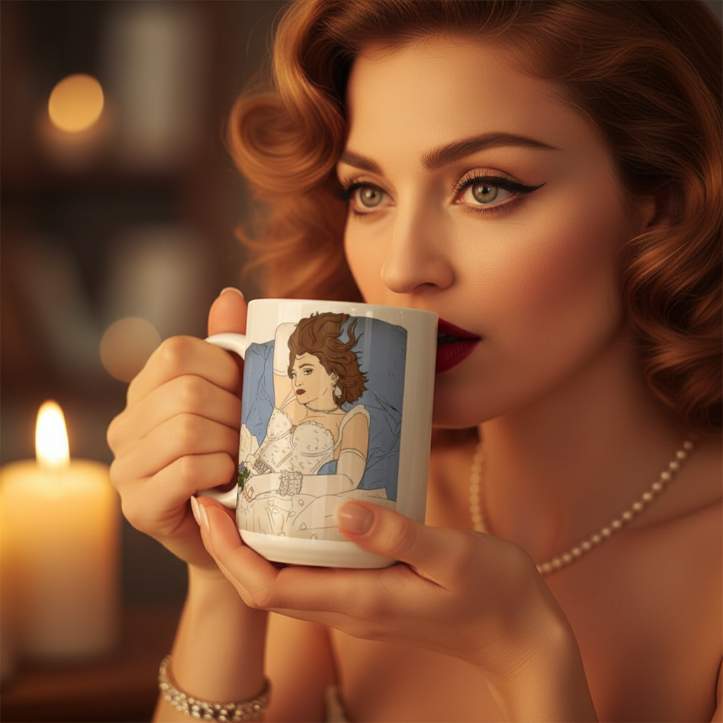 Woman with vintage glam holds the Madonna Like A Virgin Mug, featuring a vivid illustration of a reclining woman in a corset, embodying queer pride and self-expression in a cozy, intimate setting.